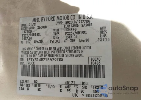 2001 Ford Ranger Edge/Xlt from USA, damaged, VIN 1FTYR14E71PA70785